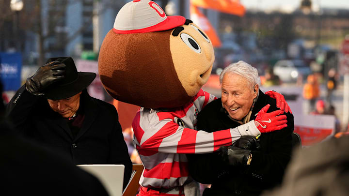 Ohio State mascot Brutus interacts with Lee Corso on the set of ESPN College GameDay prior to the College Football Playoff first round game between the Ohio State Buckeyes and Tennessee Volunteers in Columbus on Dec. 21, 2024.