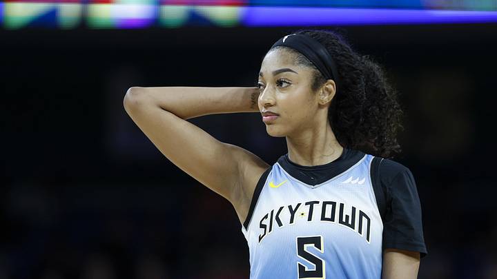 Sep 3, 2025; Chicago, Illinois, USA; Chicago Sky forward Angel Reese (5) walks on the court during the second half of a WNBA game against the Connecticut Sun at Wintrust Arena. Mandatory Credit: Kamil Krzaczynski-Imagn Images