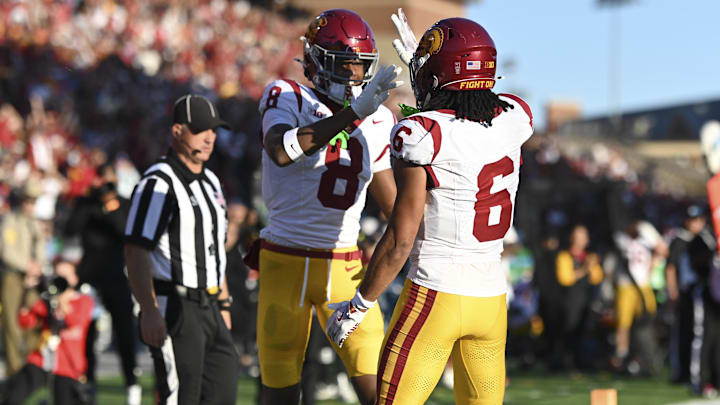 Oct 19, 2024; College Park, Maryland, USA; Southern California Trojans wide receiver Ja'Kobi Lane (8) celebrates with Trojans wide receiver Makai Lemon (6) after scoring first half touchdown against the Maryland Terrapins at SECU Stadium. Mandatory Credit: Tommy Gilligan-Imagn Images Oct 19, 2024; College Park, Maryland, USA; Southern California Trojans wide receiver Ja'Kobi Lane (8) celebrates with Trojans wide receiver Makai Lemon (6) after scoring first half touchdown against the Maryland Terrapins at SECU Stadium. Mandatory Credit: Tommy Gilligan-Imagn Images