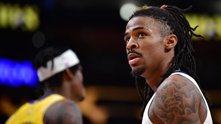 Apr 24, 2023; Los Angeles, California, USA; Memphis Grizzlies guard Ja Morant (12) reacts during the