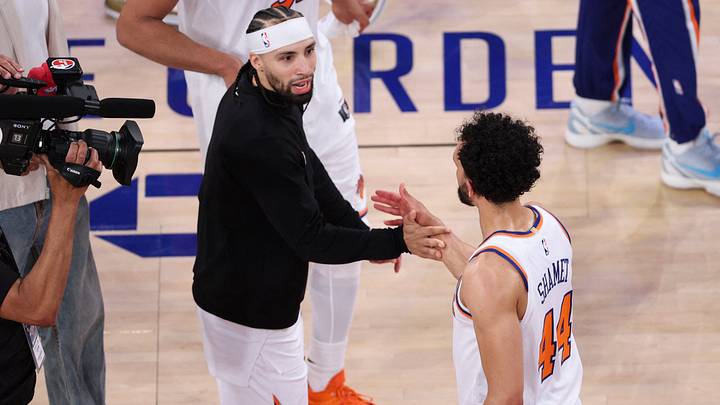 May 19, 2026; New York, New York, USA; New York Knicks guard Landry Shamet (44) celebrates with guard Jose Alvarado (5) after defeating the Cleveland Cavaliers in overtime of game one of the eastern conference finals for the 2026 NBA playoffs at Madison Square Garden. Mandatory Credit: Vincent Carchietta-Imagn Images May 19, 2026; New York, New York, USA; New York Knicks guard Landry Shamet (44) celebrates with guard Jose Alvarado (5) after defeating the Cleveland Cavaliers in overtime of game one of the eastern conference finals for the 2026 NBA playoffs at Madison Square Garden. Mandatory Credit: Vincent Carchietta-Imagn Images