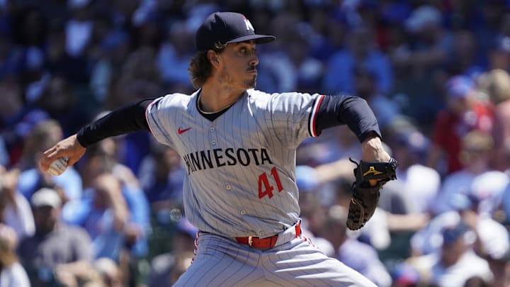 Aug 7, 2024; Chicago, Illinois, USA; Minnesota Twins pitcher Joe Ryan (41) throws against the Chicago Cubs during the first inning at Wrigley Field. Mandatory Credit: David Banks-Imagn Images