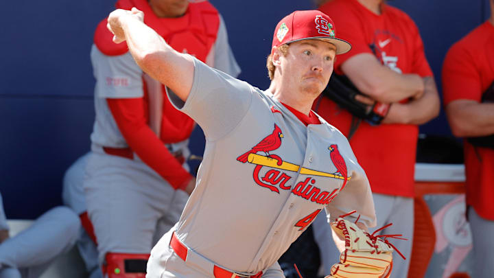 Feb 16, 2026; Jupiter, FL, USA;  St. Louis Cardinals pitcher Hunter Dobbins (40) throws a pitch during spring training workouts at Roger Dean Stadium. Mandatory Credit: Reinhold Matay-Imagn Images