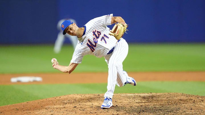 Aug 17, 2025; Williamsport, Pennsylvania, USA; New York Mets relief pitcher Tyler Rogers (71) throws a pitch against the Seattle Mariners in the ninth inning at Journey Bank Ballpark at Historic Bowman Field. Mandatory Credit: Kyle Ross-Imagn Images