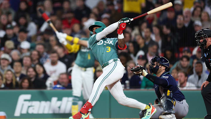 May 8, 2026; Boston, Massachusetts, USA; Boston Red Sox center fielder Ceddanne Rafaela (3) hits a solo home run during the fourth inning against the Tampa Bay Rays at Fenway Park. Mandatory Credit: Paul Rutherford-Imagn Images