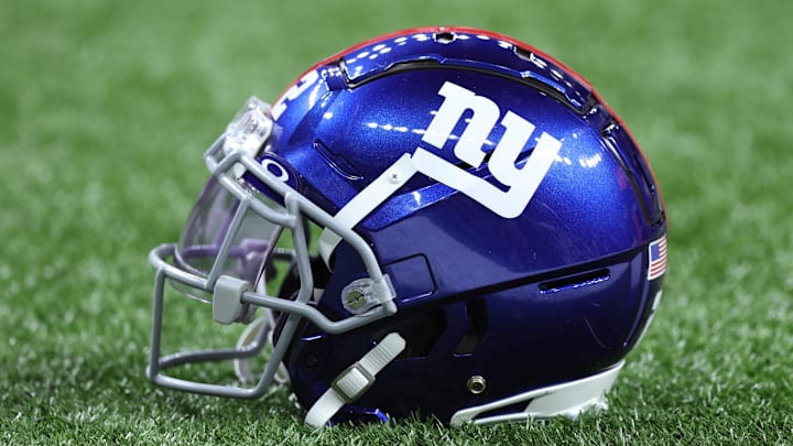 Dec 17, 2023; New Orleans, Louisiana, USA; A detailed view of a New York Giants helmet before the game against the New Orleans Saints at Caesars Superdome. Mandatory Credit: Stephen Lew-Imagn Images