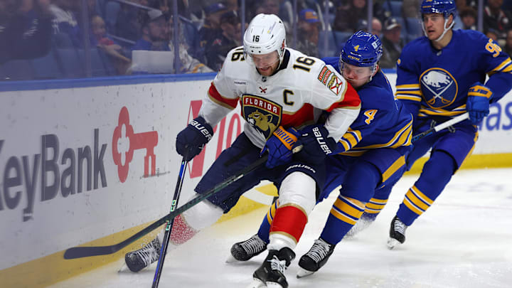 Oct 28, 2024; Buffalo, New York, USA; Florida Panthers center Aleksander Barkov (16) looks to control the puck as Buffalo Sabres defenseman Bowen Byram (4) defends during the first period at KeyBank Center. Mandatory Credit: Timothy T. Ludwig-Imagn Images Oct 28, 2024; Buffalo, New York, USA; Florida Panthers center Aleksander Barkov (16) looks to control the puck as Buffalo Sabres defenseman Bowen Byram (4) defends during the first period at KeyBank Center. Mandatory Credit: Timothy T. Ludwig-Imagn Images