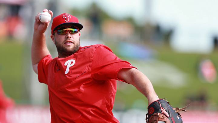 Mar 21, 2016; Lakeland, FL, USA; Philadelphia Phillies first baseman Darin Ruf (18) works out prior to the game against the Detroit Tigers at Joker Marchant Stadium. Mandatory Credit: Kim Klement-USA TODAY Sports Mar 21, 2016; Lakeland, FL, USA; Philadelphia Phillies first baseman Darin Ruf (18) works out prior to the game against the Detroit Tigers at Joker Marchant Stadium. Mandatory Credit: Kim Klement-USA TODAY Sports
