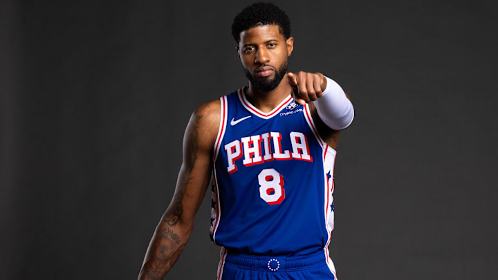 Sep 30, 2024; Camden, NJ, USA; Philadelphia 76ers forward Paul George (8) poses for a photo on media day at the Philadelphia 76ers Training Complex. Mandatory Credit: Bill Streicher-Imagn Images