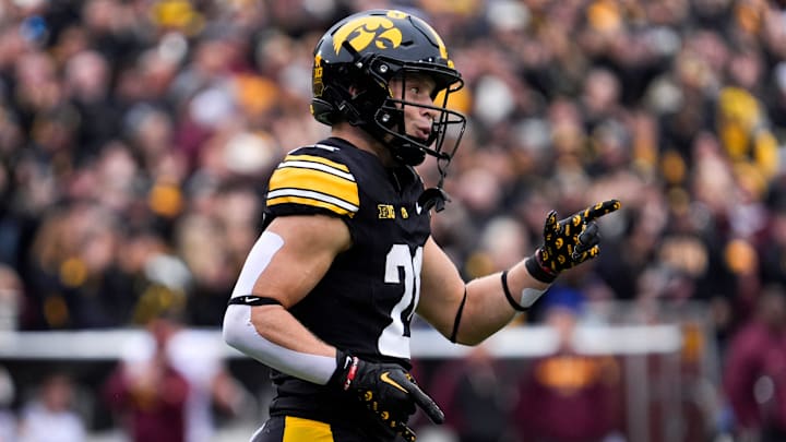 Iowa Hawkeyes wide receiver Kaden Wetjen (21) reacts after returning a punt for a touchdown against the Minnesota Golden Gophers Oct. 25, 2025 at Kinnick Stadium in Iowa City, Iowa. Iowa Hawkeyes wide receiver Kaden Wetjen (21) reacts after returning a punt for a touchdown against the Minnesota Golden Gophers Oct. 25, 2025 at Kinnick Stadium in Iowa City, Iowa.