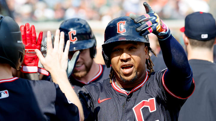 Sep 18, 2025; Detroit, Michigan, USA;  Cleveland Guardians third base Jose Ramirez (11) receives congratulations from teammates  after he hits a two run home run in the seventh inning against the Detroit Tigers at Comerica Park. Mandatory Credit: Rick Osentoski-Imagn Images