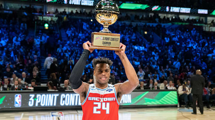 February 15, 2020; Chicago, Illinois, USA; Sacramento Kings player Buddy Hield wins the three-point contest during NBA All Star Saturday Night at United Center. Mandatory Credit: Kyle Terada-Imagn Images February 15, 2020; Chicago, Illinois, USA; Sacramento Kings player Buddy Hield wins the three-point contest during NBA All Star Saturday Night at United Center. Mandatory Credit: Kyle Terada-Imagn Images