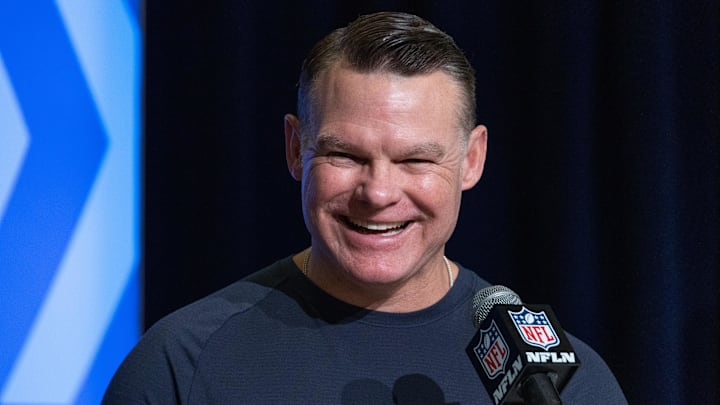 Mar 1, 2023; Indianapolis, IN, USA; Indianapolis Colts general manager Chris Ballard speaks to the press at the NFL Combine at Lucas Oil Stadium. Mandatory Credit: Trevor Ruszkowski-Imagn Images