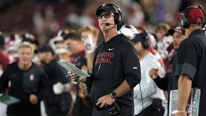 Sep 13, 2025; Stanford, California, USA; Stanford Cardinal head coach Frank Reich stands on the sideline during the fourth quarter against the Boston College Eagles at Stanford Stadium. Mandatory Credit: Darren Yamashita-Imagn Images