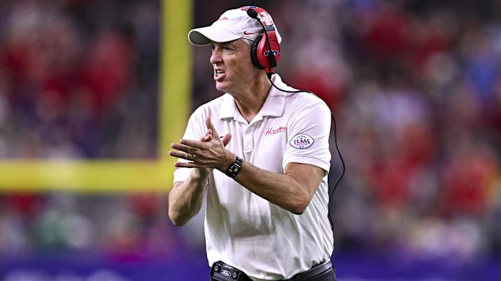 Dec 27, 2025; Houston, TX, USA; Houston Cougars head coach Willie Fritz reacts during the first half against the Louisiana State Tigers at NRG Stadium. Mandatory Credit: Maria Lysaker-Imagn Images 