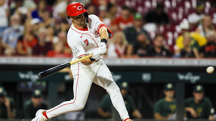 Cincinnati Reds outfielder Spencer Steer bats against the Oakland Athletics on Aug. 28 at Great American Ball Park. Cincinnati Reds outfielder Spencer Steer bats against the Oakland Athletics on Aug. 28 at Great American Ball Park.