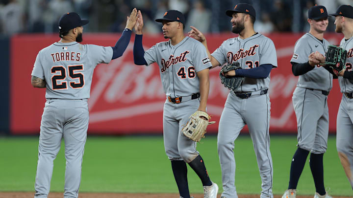 Sep 10, 2025; Bronx, New York, USA; Detroit Tigers second baseman Gleyber Torres (25) celebrates with teammates after defeating the New York Yankees at Yankee Stadium.