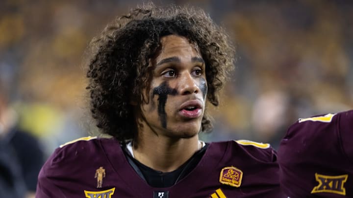 Nov 28, 2025; Tempe, Arizona, USA; Arizona State Sun Devils wide receiver Jordyn Tyson (0) against the Arizona Wildcats during the 99th Territorial Cup at Mountain America Stadium. 