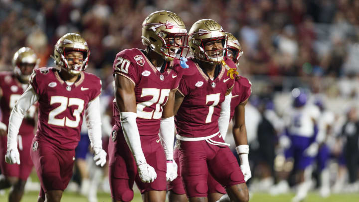 Nov 18, 2023; Tallahassee, Florida, USA; Florida State Seminoles defensive back Azareye'h Thomas (20) and defensive back Jarrian Jones (7) celebrate an interception against the North Alabama Lions during the third quarter at Doak S. Campbell Stadium. Mandatory Credit: Morgan Tencza-USA TODAY Sports Nov 18, 2023; Tallahassee, Florida, USA; Florida State Seminoles defensive back Azareye'h Thomas (20) and defensive back Jarrian Jones (7) celebrate an interception against the North Alabama Lions during the third quarter at Doak S. Campbell Stadium. Mandatory Credit: Morgan Tencza-USA TODAY Sports