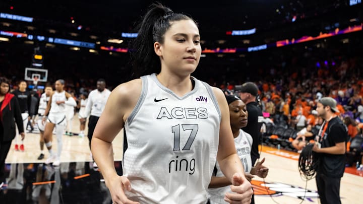 Oct 8, 2025; Phoenix, Arizona, USA; Las Vegas Aces center Megan Gustafson (17) against the Phoenix Mercury during game three of the 2025 WNBA Finals at PHX Arena. Mandatory Credit: Mark J. Rebilas-Imagn Images Oct 8, 2025; Phoenix, Arizona, USA; Las Vegas Aces center Megan Gustafson (17) against the Phoenix Mercury during game three of the 2025 WNBA Finals at PHX Arena. Mandatory Credit: Mark J. Rebilas-Imagn Images