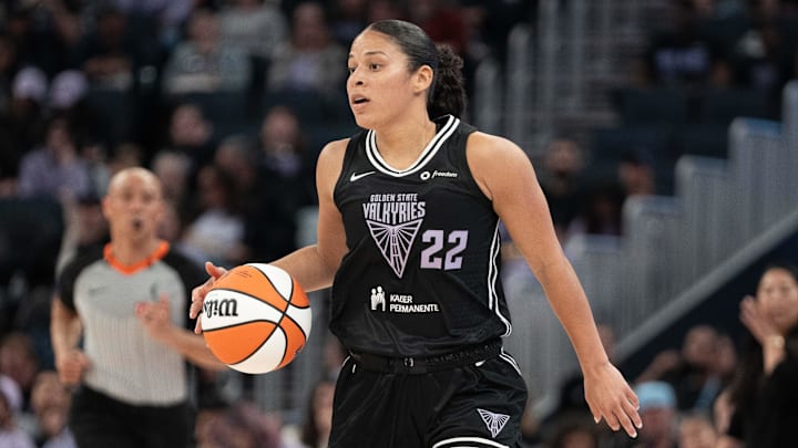 May 6, 2025; San Francisco, CA, USA; Golden State Valkyries guard Veronica Burton (22) during the first quarter against the Los Angeles Sparks at Chase Center. Mandatory Credit: Kyle Terada-Imagn Images