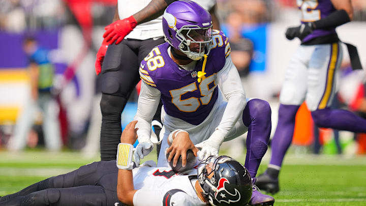 Sep 22, 2024; Minneapolis, Minnesota, USA; Minnesota Vikings linebacker Jonathan Greenard (58) sacks Houston Texans quarterback C.J. Stroud (7) in the third quarter at U.S. Bank Stadium. Mandatory Credit: Brad Rempel-Imagn Images