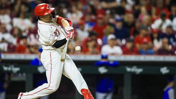 Jun 1, 2026; Cincinnati, Ohio, USA; Cincinnati Reds third baseman Sal Stewart (27) hits a single in the eighth inning against the Kansas City Royals at Great American Ball Park. Mandatory Credit: Katie Stratman-Imagn Images