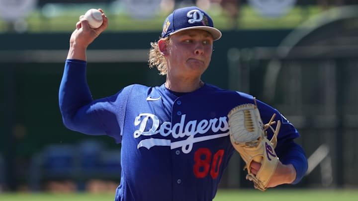 Mar 21, 2026; Phoenix, Arizona, USA; Los Angeles Dodgers pitcher Emmet Sheehan (80) throws against the Athletics in the first inning at Camelback Ranch-Glendale. Mandatory Credit: Rick Scuteri-Imagn Images Mar 21, 2026; Phoenix, Arizona, USA; Los Angeles Dodgers pitcher Emmet Sheehan (80) throws against the Athletics in the first inning at Camelback Ranch-Glendale. Mandatory Credit: Rick Scuteri-Imagn Images