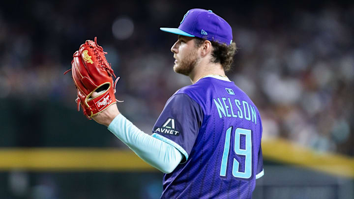 Jun 13, 2025; Phoenix, Arizona, USA; Arizona Diamondbacks pitcher Ryne Nelson against the San Diego Padres at Chase Field. Mandatory Credit: Mark J. Rebilas-Imagn Images
