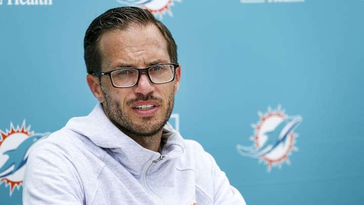 Jun 2, 2022; Miami Gardens, Florida, USA; Miami Dolphins head coach Mike McDaniel talks to reporters
