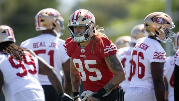 Jun 10, 2025; Santa Clara, CA, USA; San Francisco 49ers tight end George Kittle (85) works out with his teammates during an OTA at Levi's Stadium. Mandatory Credit: D. Ross Cameron-Imagn Images