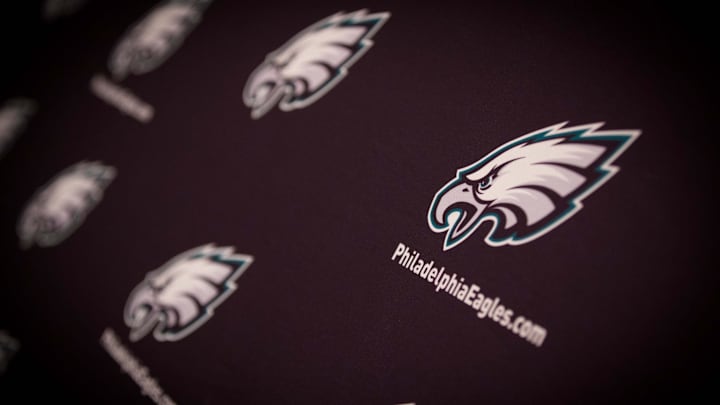 May 24, 2016; Philadelphia, PA, USA; Philadelphia Eagles graphics and logos on the interview background at OTS's at the NovaCare Complex. Mandatory Credit: Bill Streicher-Imagn Images