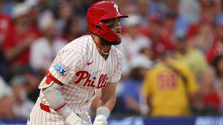 Sep 5, 2026; Philadelphia, Pennsylvania, USA; Philadelphia Phillies first baseman Bryce Harper (3) hits a single against the Atlanta Braves during the fourth inning at Citizens Bank Park. Mandatory Credit: Bill Streicher-Imagn Images Sep 5, 2026; Philadelphia, Pennsylvania, USA; Philadelphia Phillies first baseman Bryce Harper (3) hits a single against the Atlanta Braves during the fourth inning at Citizens Bank Park. Mandatory Credit: Bill Streicher-Imagn Images
