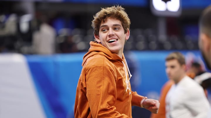 Jan 1, 2025; Atlanta, GA, USA; Texas Longhorns quarterback Arch Manning (16) warms up before the Peach Bowl at Mercedes-Benz Stadium. Mandatory Credit: Brett Davis-Imagn Images