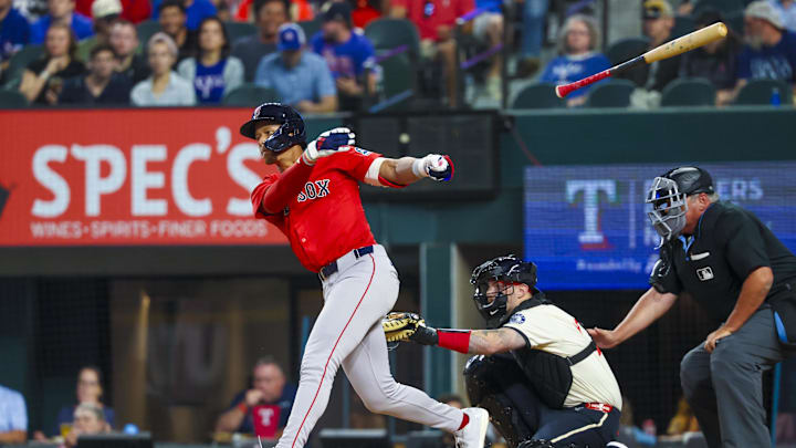 Mar 28, 2025; Arlington, Texas, USA;  Boston Red Sox second baseman Kristian Campbell (28) loses his bat during the second inning against the Texas Rangers at Globe Life Field. Mandatory Credit: Kevin Jairaj-Imagn Images