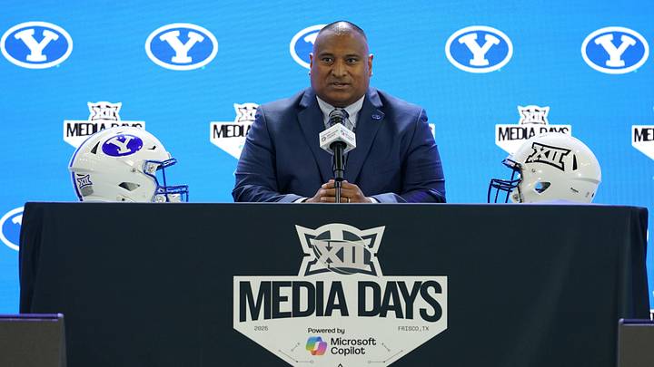 Jul 8, 2025; Frisco, TX, USA; BYU head coach Kalani Sitake addresses the media during 2025 Big 12 Football Media Days at The Star. Mandatory Credit: Raymond Carlin III-Imagn Images Jul 8, 2025; Frisco, TX, USA; BYU head coach Kalani Sitake addresses the media during 2025 Big 12 Football Media Days at The Star. Mandatory Credit: Raymond Carlin III-Imagn Images