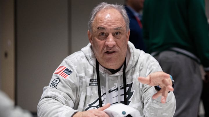 Feb 5, 2025; New Orleans, LA, USA; Philadelphia Eagles defensive coordinator Vic Fangio speaks with the media during a press conference at Hilton New Orleans Riverside. Mandatory Credit: Bill Streicher-Imagn Images