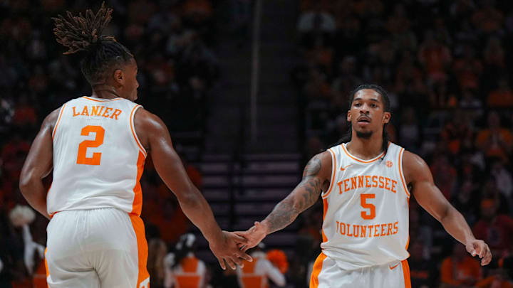 Tennessee guard Chaz Lanier (2) and Tennessee guard Zakai Zeigler (5) high-five during an NCAA basketball game between the Tennessee Volunteers and UT Martin Skyhawks at Thompson-Boling Arena at Food City Center on Wednesday, Nov. 27, 2024. Tennessee guard Chaz Lanier (2) and Tennessee guard Zakai Zeigler (5) high-five during an NCAA basketball game between the Tennessee Volunteers and UT Martin Skyhawks at Thompson-Boling Arena at Food City Center on Wednesday, Nov. 27, 2024.