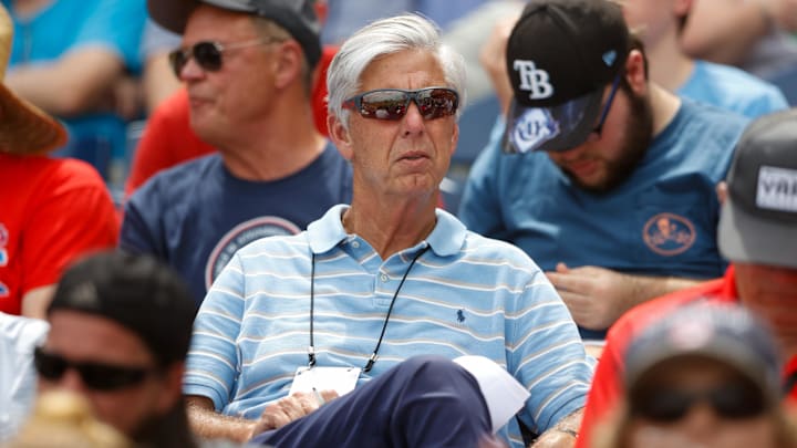 Mar 31, 2022; Clearwater, Florida, USA; Philadelphia Phillies president of baseball operations Dave Dombrowski looks on from the stands in a game against the New York Yankees during spring training at BayCare Ballpark. Mandatory Credit: Nathan Ray Seebeck-Imagn Images