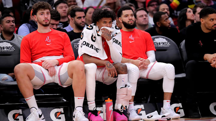 Dec 27, 2023; Houston, Texas, USA; (from L-to-R) Houston Rockets center Alperen Sengun (28), Houston Rockets guard Jalen Green (4) and Houston Rockets guard Fred VanVleet (5) Dec 27, 2023; Houston, Texas, USA; (from L-to-R) Houston Rockets center Alperen Sengun (28), Houston Rockets guard Jalen Green (4) and Houston Rockets guard Fred VanVleet (5)