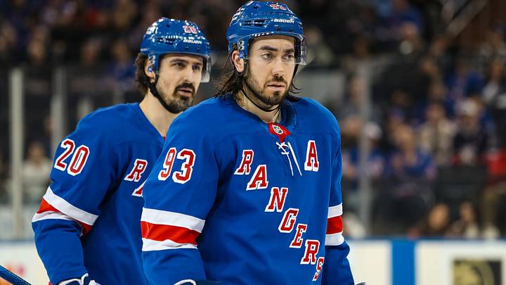 Mar 22, 2025; New York, New York, USA; New York Rangers center Mika Zibanejad (93) and left wing Chris Kreider (20) skate against the Vancouver Canucks  during the third period at Madison Square Garden. Mandatory Credit: Danny Wild-Imagn Images