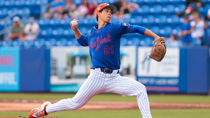 Mar 3, 2026; Port St. Lucie, FL, USA; New York Mets pitcher Jonah Tong (21) delivers a pitch against Nicaragua during the first inning at Clover Park. Mandatory Credit: Sam Navarro-Imagn Images