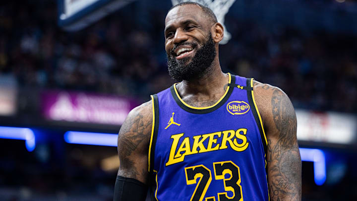 Los Angeles Lakers forward LeBron James (23)  reacts in the second half against the Indiana Pacers at Gainbridge Fieldhouse.