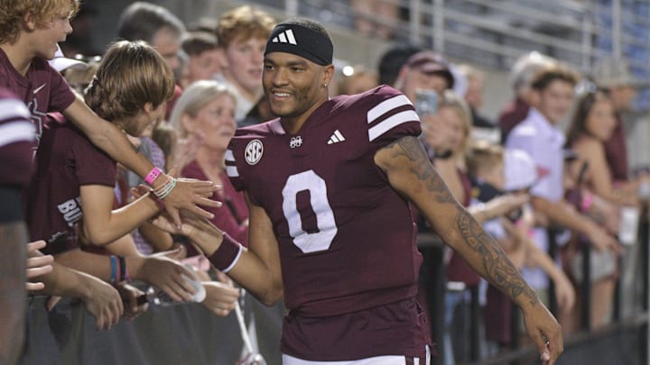 Mississippi State Bulldogs quarterback Michael Van Buren Jr. (0) reacts with fans after a game against the Massachusetts Minutemen at Davis Wade Stadium at Scott Field.