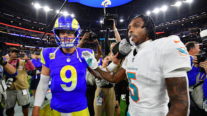 Nov 11, 2024; Inglewood, California, USA; Los Angeles Rams quarterback Matthew Stafford (9) meets with Miami Dolphins cornerback Jalen Ramsey (5) following the game at SoFi Stadium. Mandatory Credit: Gary A. Vasquez-Imagn Images Nov 11, 2024; Inglewood, California, USA; Los Angeles Rams quarterback Matthew Stafford (9) meets with Miami Dolphins cornerback Jalen Ramsey (5) following the game at SoFi Stadium. Mandatory Credit: Gary A. Vasquez-Imagn Images