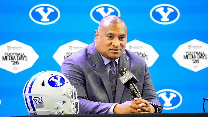 Jul 7, 2026; Frisco, TX, USA; BYU head coach Kalani Sitake speaks with reporters during Big 12 Conference Football Media Days at The Star. Mandatory Credit: Raymond Carlin III-Imagn Images Jul 7, 2026; Frisco, TX, USA; BYU head coach Kalani Sitake speaks with reporters during Big 12 Conference Football Media Days at The Star. Mandatory Credit: Raymond Carlin III-Imagn Images