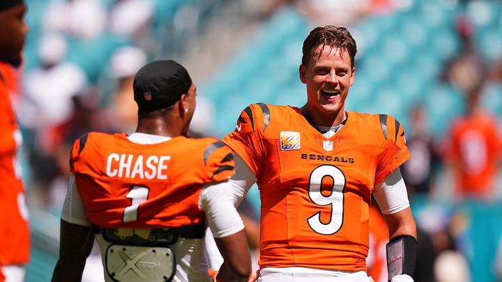Oct 11, 2026; Miami Gardens, Florida, USA; Cincinnati Bengals wide receiver Ja'Marr Chase (1) laughs with quarterback Joe Burrow (9) before the game against the Miami Dolphins at Hard Rock Stadium. Mandatory Credit: Rich Storry-Imagn Images Oct 11, 2026; Miami Gardens, Florida, USA; Cincinnati Bengals wide receiver Ja'Marr Chase (1) laughs with quarterback Joe Burrow (9) before the game against the Miami Dolphins at Hard Rock Stadium. Mandatory Credit: Rich Storry-Imagn Images