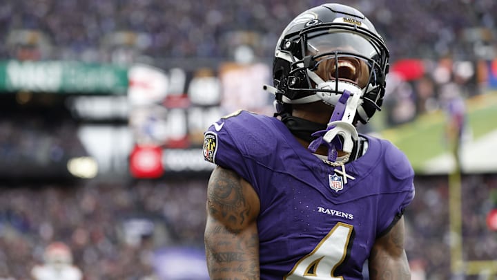 Jan 28, 2024; Baltimore, Maryland, USA; Baltimore Ravens wide receiver Zay Flowers (4) celebrates after scoring a touchdown against the Kansas City Chiefs during the first half in the AFC Championship football game at M&T Bank Stadium. Mandatory Credit: Geoff Burke-USA TODAY Sports