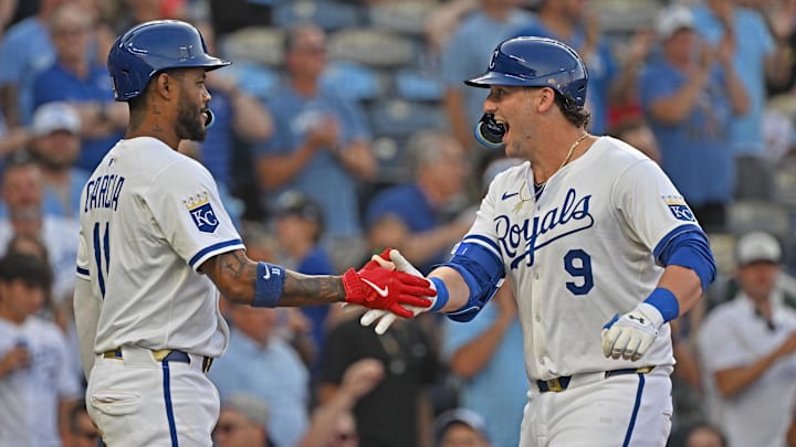 Aug 12, 2025; Kansas City, Missouri, USA; Kansas City Royals first baseman Vinnie Pasquantino (9) celebrates after hitting a three-run home run with third baseman Maikel Garcia (11) in the third inning against the Washington Nationals at Kauffman Stadium. Mandatory Credit: Peter Aiken-Imagn Images Aug 12, 2025; Kansas City, Missouri, USA; Kansas City Royals first baseman Vinnie Pasquantino (9) celebrates after hitting a three-run home run with third baseman Maikel Garcia (11) in the third inning against the Washington Nationals at Kauffman Stadium. Mandatory Credit: Peter Aiken-Imagn Images