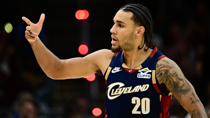 Nov 8, 2025; Cleveland, Ohio, USA; Cleveland Cavaliers guard Jaylon Tyson (20) celebrates after hitting a three point basket against the Chicago Bulls during the second half at Rocket Arena. Mandatory Credit: Ken Blaze-Imagn Images